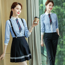 2021 Autumn Striped Shirt Women Pleated Skirt Set College Style Business Dress Large Size Churn Garden Overalls Overalls