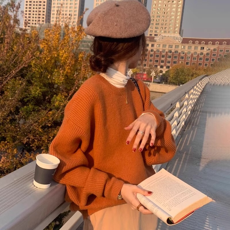 Retro Pumpkin Orange Sweater Women's Autumn and Winter Outerwear Thickened Small Lazy Style Loose Round Neck Inner Knitted Sweater