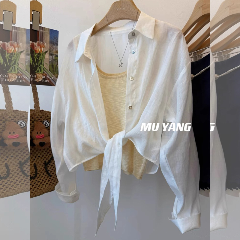 White Ice Silk Linen Sun Protection Shirt for Women, Summer Petite Tie-Up Shirt, Thin Cotton-Linen Cardigan, Short Top