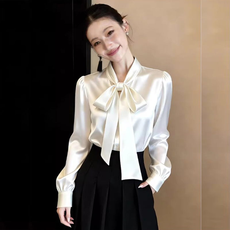 French-Style White Bow Tie Shirt for Women, Spring and Autumn, Petite Acetate Satin Shirt, Professional Commuting Puff Sleeve Top French-Style White Bow Tie Shirt for Women, Spring and Autumn, Petite Acetate Satin Shirt, Professional Commuting Puff Sleeve Top
