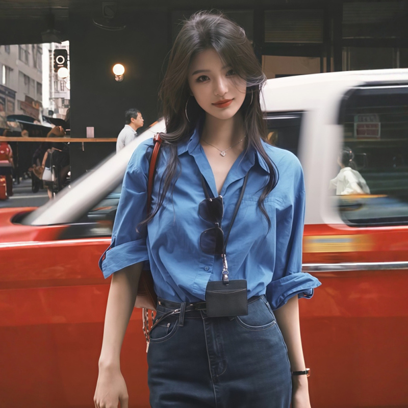 Retro Hong Kong Style Blue Long-Sleeved Shirt for Women in Spring, Autumn and Summer, Small-Sized Shirt, Loose Professional Lapel Top