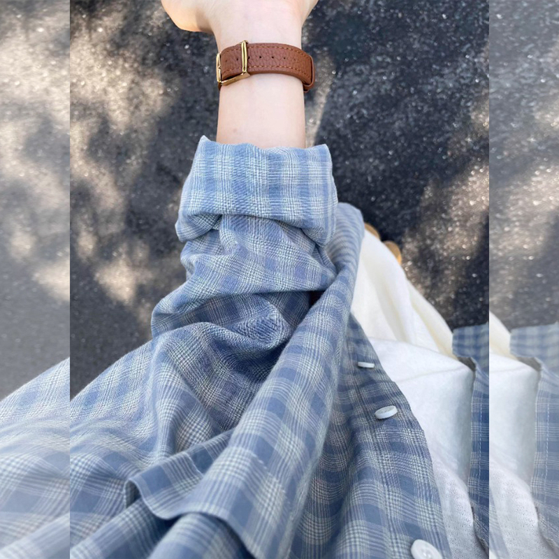 Blue Ice Silk Sun Protection Plaid Shirt for Women, Summer Thin Style, Petite Shirt, Cardigan Jacket, Loose Long-Sleeved Top Blue Ice Silk Sun Protection Plaid Shirt for Women, Summer Thin Style, Petite Shirt, Cardigan Jacket, Loose Long-Sleeved Top