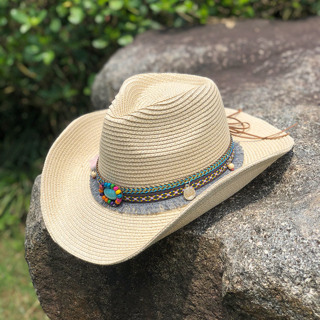 Ethnic style jazz straw hat women's summer travel sun protection sun hat seaside holiday straw beach hat men's all-match