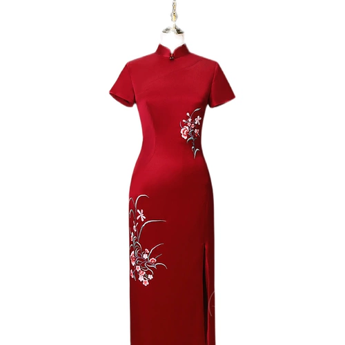 Красное цветное ципао, элегантное свадебное платье для матери, вечернее платье