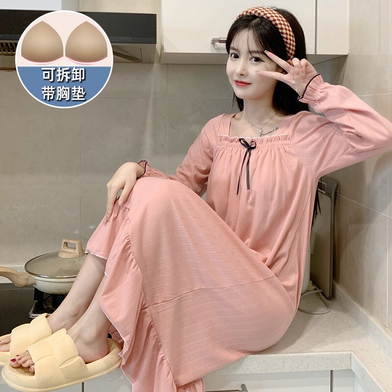 Maternity Nightgown for Women, Spring and Autum, with Breast Pads, 2026 New Style, Large Size, Loose, Pure Cotton, Long-Sleeved Pajamas Dress