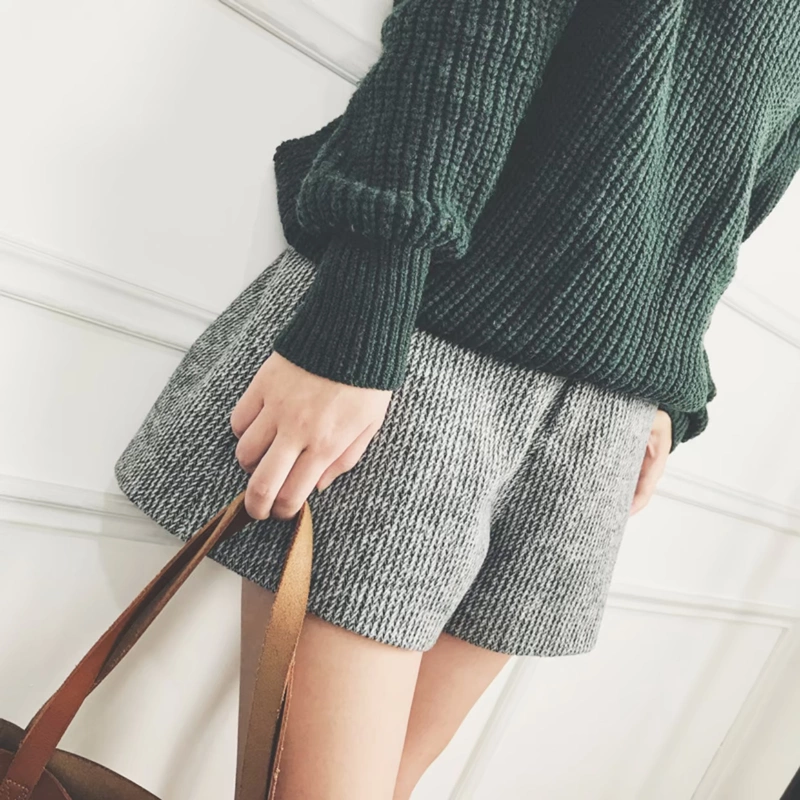 Quần short len ​​nữ cạp cao cạp cao quần rộng giản dị Một từ mặc quần boot đáy quần Hàn Quốc 2018 thu đông mới