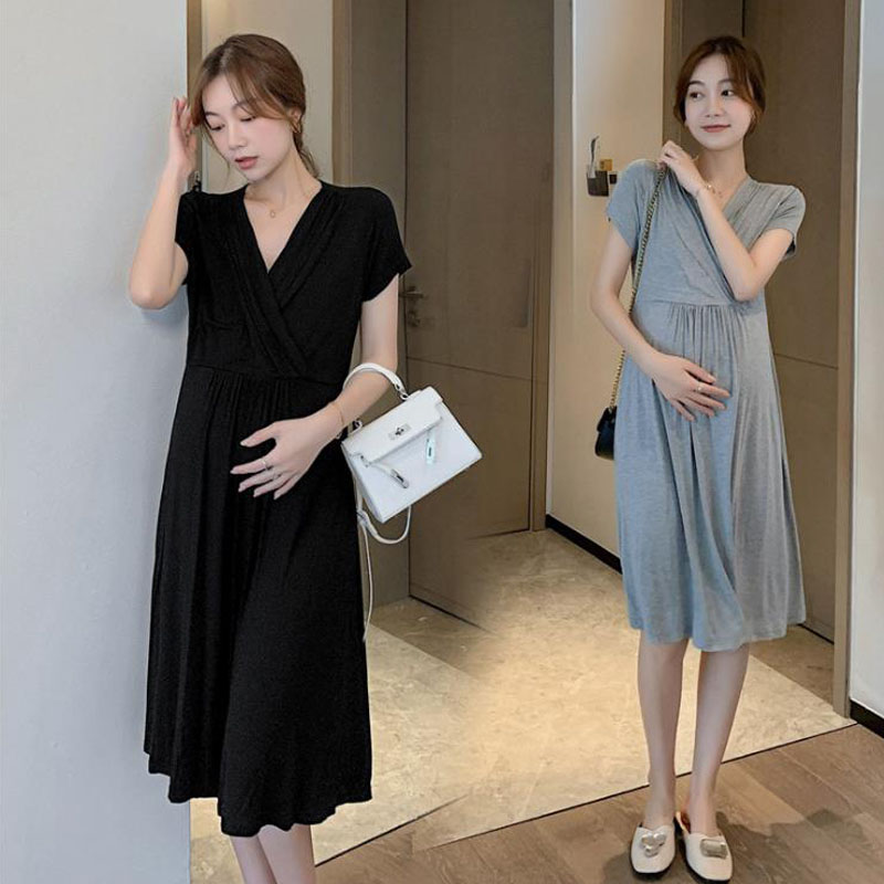 Modal maternity dress summer thin cool V neck skirt summer dress black short sleeve anti-penetration base skirt