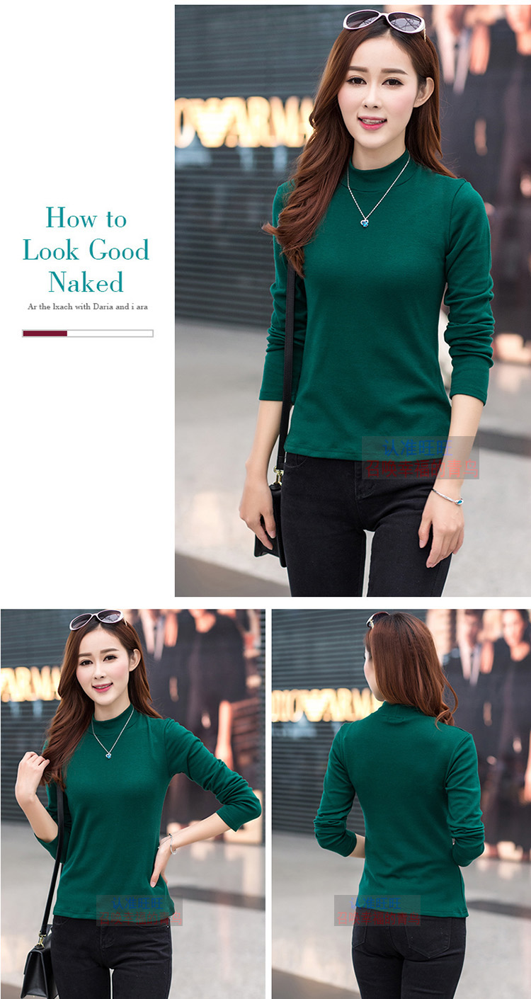 Mùa thu mới phương thức trung niên kích thước lớn của phụ nữ béo MM slim dài tay nữ cao nửa cổ áo sơ mi chạm đáy hoang dã áo phông nữ rộng