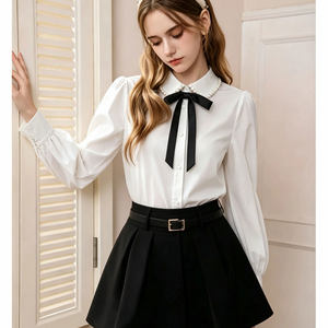 Bow Tie Square Collar White Cotton Shirt for Women, Long Sleeves, Lapel with Pearl Buttons, Sweet Commuter Top