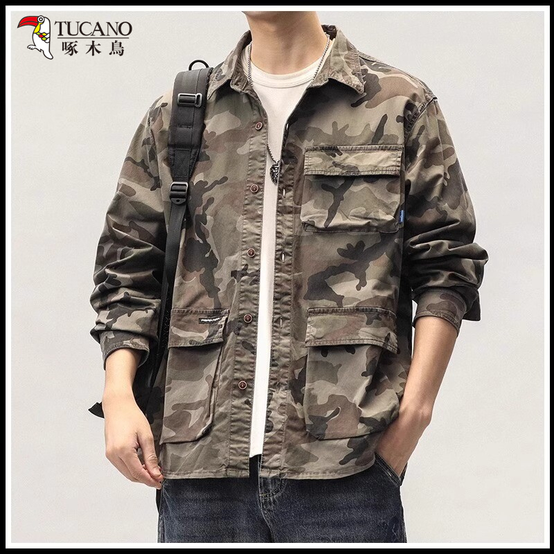 Woodpecker American-Style Camouflage Jacket for Men, Spring and Autumn 2026 New Military-Style Denim Shirt, Men's Workwear Top