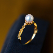 akoya pearl ring flower bead 18k gold inlaid diamond retro Japanese sea water small pearl ring delicately delivered