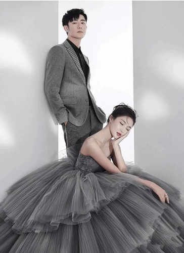 Новая тематическая одежда для фотостудии, красочное марлевое серое свадебное платье на подтяжках, тянущееся в лесном стиле, платье для фотосессии для пары