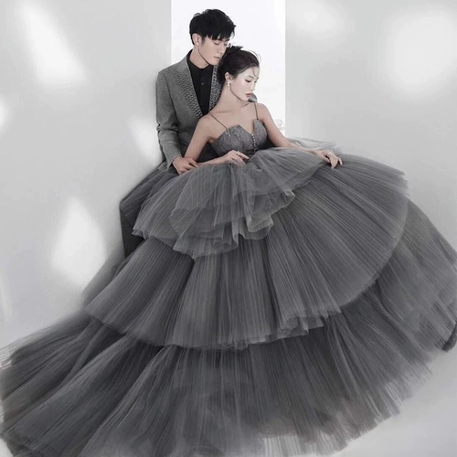 Новая тематическая одежда для фотостудии, красочное марлевое серое свадебное платье на подтяжках, тянущееся в лесном стиле, платье для фотосессии для пары