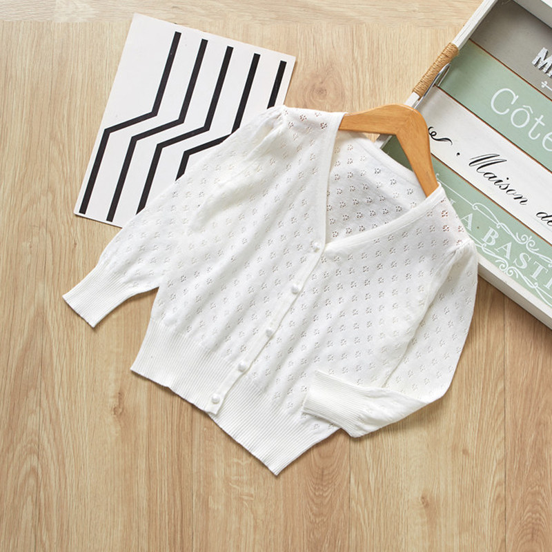 Girl Knit Cardiovert Jacket Foreign Pie Woman Baby Pure Cotton Air Conditioning Cardiovert Girl Summer Child Sunscreen