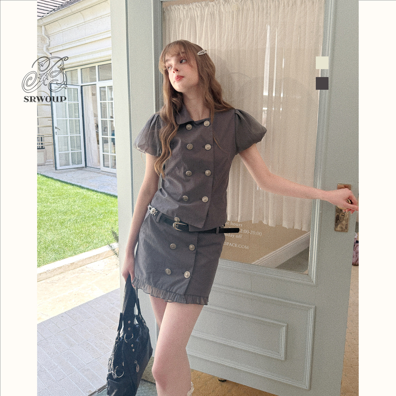 Srwoup Korean Style Solid Color Double-Breasted Puff Sleeve Short Top for Women, Slimming Lace Patchwork Skirt Two-Piece Set Srwoup Korean Style Solid Color Double-Breasted Puff Sleeve Short Top for Women, Slimming Lace Patchwork Skirt Two-Piece Set