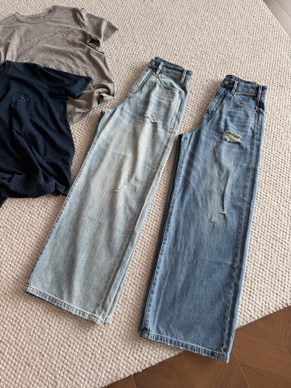 5R Original*Japanese Imported Okayama Denim Spring/Summer Ripped Straight-Leg Casual Wide-Leg Pants, Super Comfortable, Slimming, and Leg-Lengthening