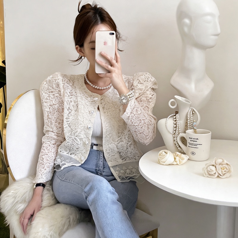 【Sol.Owen】Korean Imported Full Lace Embroidered Crochet Mesh Patchwork Pearl Button Elegant Long-Sleeve Shirt