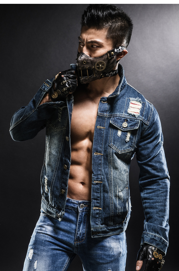 WorkoutWolf 撸 Iron Wolf Thể Thao Denim Jacket Nam Slim Retro Lỗ Thể Dục Denim Áo Khoác Nam áo khoác gió thể thao
