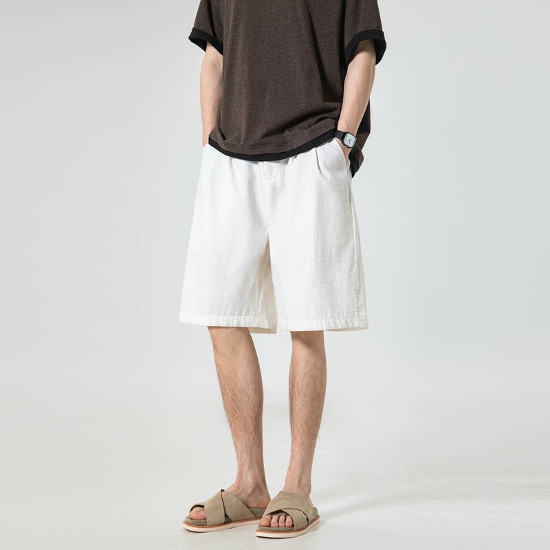 Trendy Summer Solid Color Linen Lightweight Breathable Casual Shorts for Men, Trendy Street Style Loose Versatile Textured Five-Point Shorts