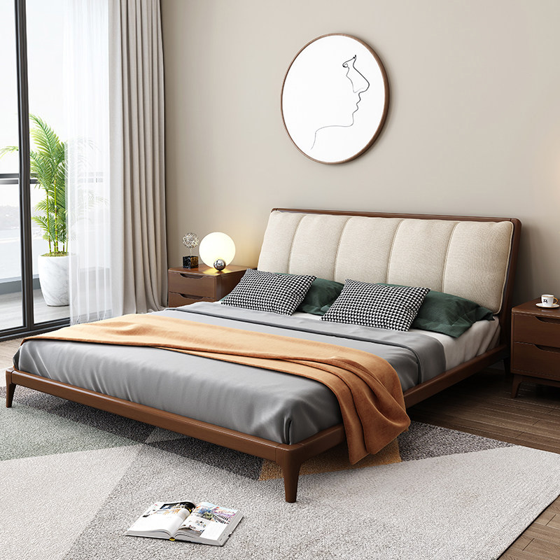 Solid wood bed 1 8 meters double modern minimalist wedding bed master bedroom furniture Nordic fabric solid wood big head cabinet latex mat
