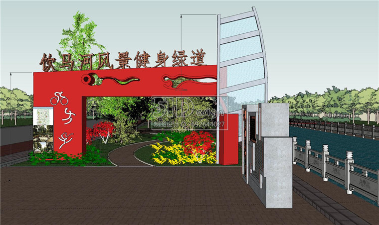 SU00243饮马河风景健身绿道大门su创意模型建筑方案-6