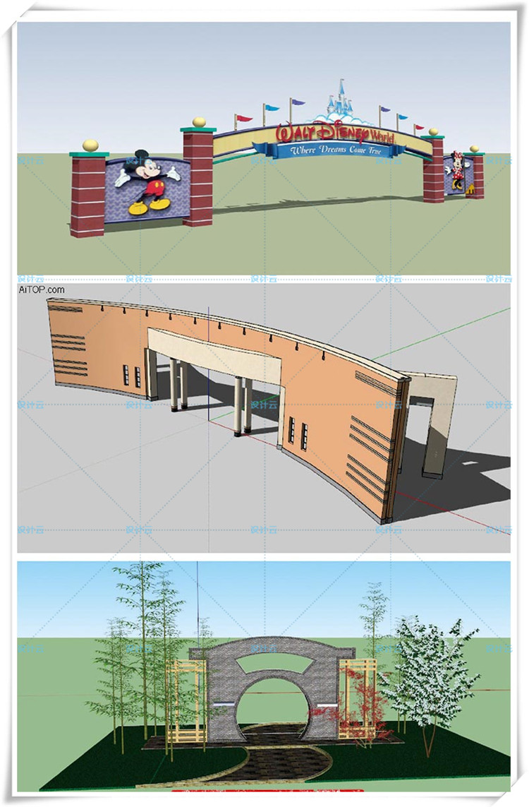 SJ027小区大门入口景观设计SU模型建筑景墙铁艺栏杆围墙-4