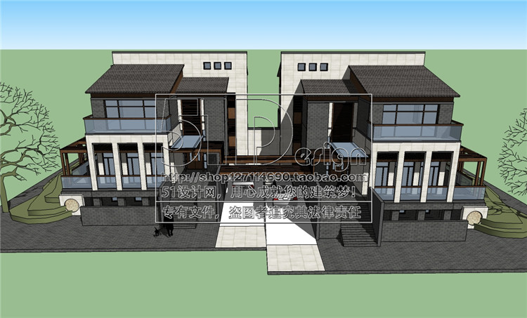 SH00004 草图大师SU模型Sketch建模新中式古典别墅叠加双拼联排-8