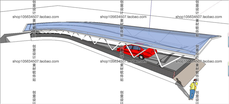 R254 SU自行车棚地下车库入口停车场廊架建筑模型素材sket...-7