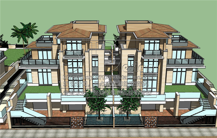 SH00005现代主义别墅独栋双拼联排洋房SU模型参考Sketchup-5