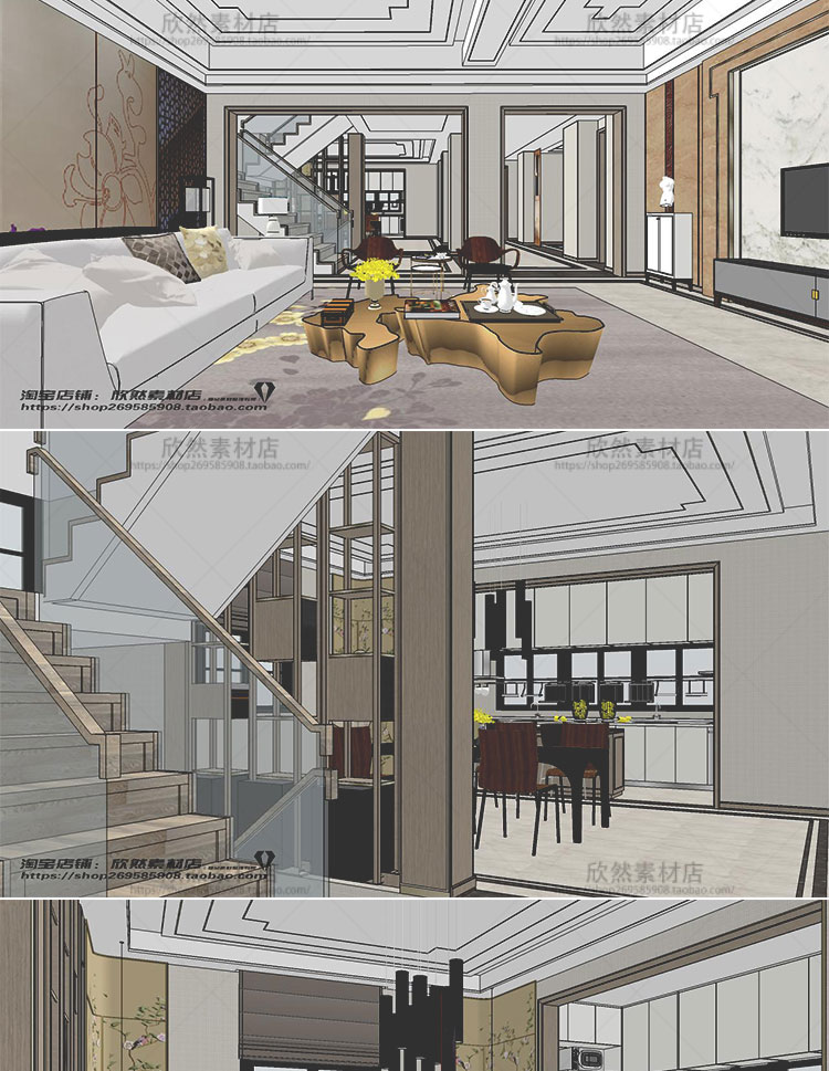 DB01094 sketchup家装室内设计案例SU模型新中式别墅草图大师...-5