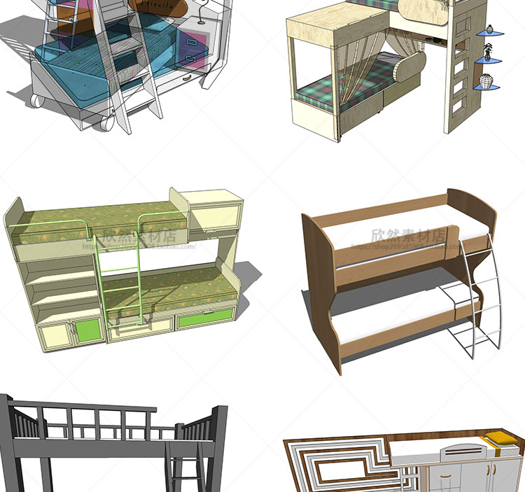 R282 sketchup室内设计儿童家具卧室床上下床欧式su模型草...-5