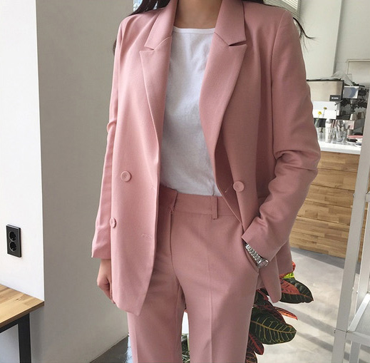 2018 mùa xuân và mùa thu mới của Hàn Quốc đôi ngực blazer + cao eo giản dị chín điểm chân quần hai phù hợp với phụ nữ quần áo nữ