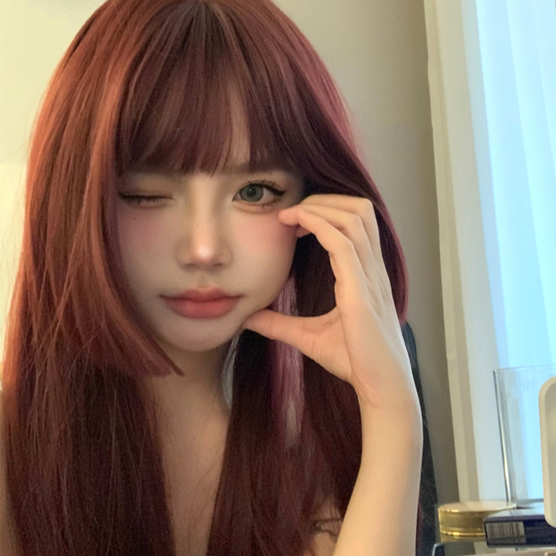 Princess Cut Wig for Women, Long Red Hair, Natural-Looking Synthetic Hair, One-Piece Full Head Wig, Japanese Style Jellyfish Head Wig