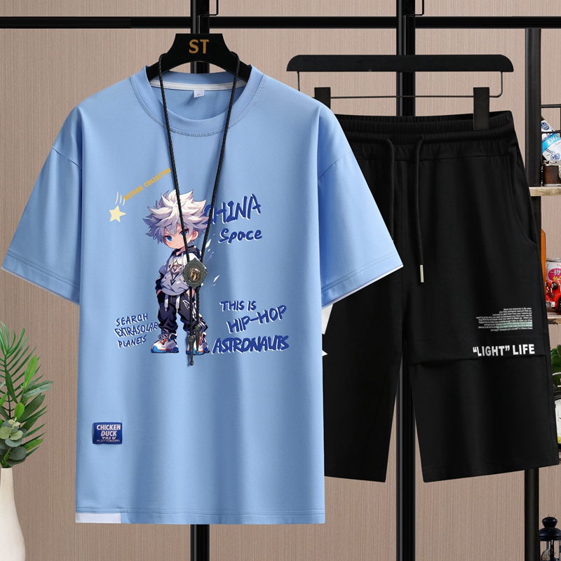 Junior High School Student Boys' Cool Cotton Short-Sleeved T-Shirt Summer Sports Suit Teenagers' Handsome Half-Sleeved Two-Piece Set