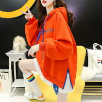 Large size womens clothing plus velvet thickened fake two-piece hooded sweater 2022 new autumn and winter loose design sense fried street coat