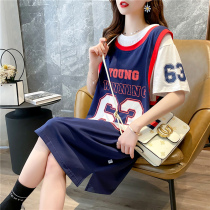 Fashion plus size womens summer long fake two-piece net red ins super hot short-sleeved T-shirt female letter printing top