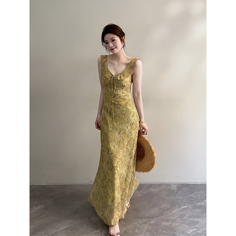 Song Song Spring/Summer New Vintage Print Sleeveless Slimming Dress Backless Beach Vacation Long Dress Dt1935
