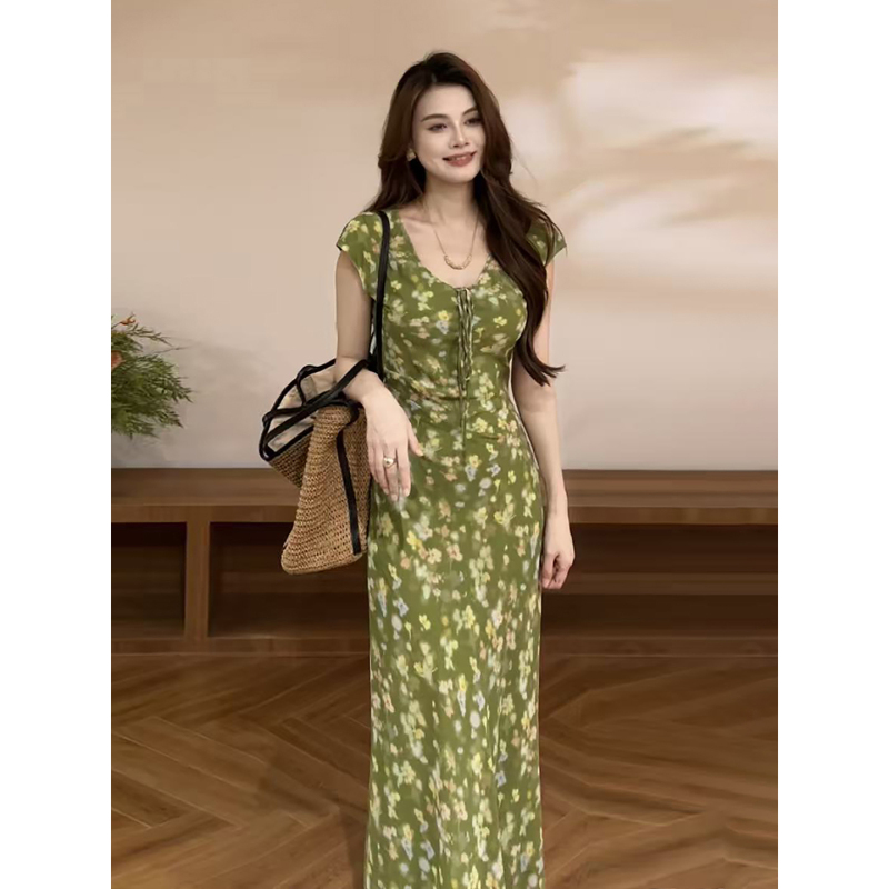 Daitingting Summer New Vintage Green Floral Waist-Cinching Fresh Dress Elegant Long Dress Dt2119 Daitingting Summer New Vintage Green Floral Waist-Cinching Fresh Dress Elegant Long Dress Dt2119