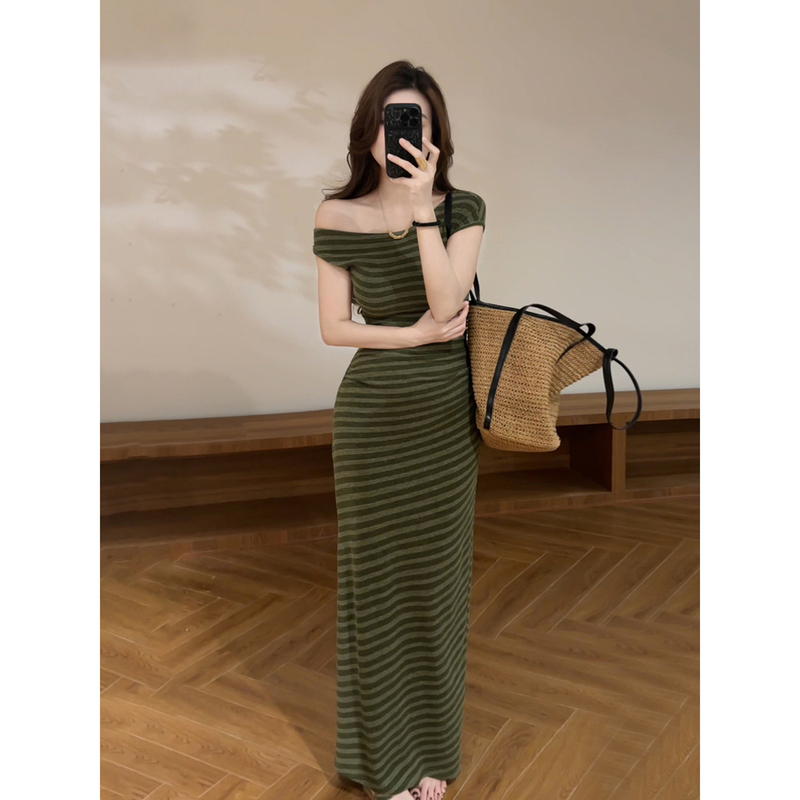 Daitingting Summer New Vintage Waist-Slimming Asymmetrical Shoulder Striped Elegant Slit Long Dress Dt2182