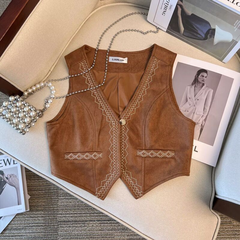 Bohemian Retro Heavy Embroidery Vest, Suede Leather Vest for Women, Travel Outfit, Western Denim Vest Top