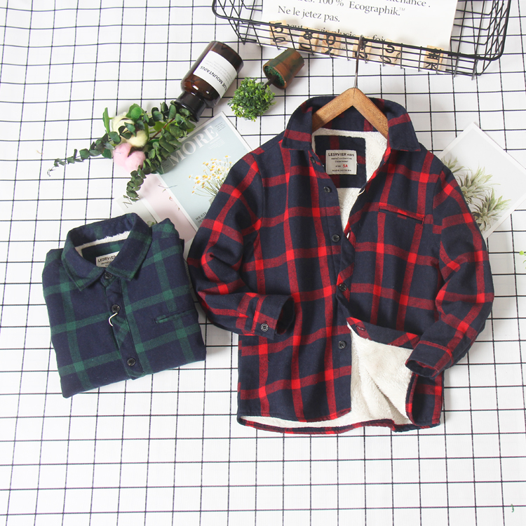 Áo sơ mi cotton và nhung cho bé Áo sơ mi kẻ sọc trong áo khoác trẻ em ấm áp giản dị thời trang trẻ em