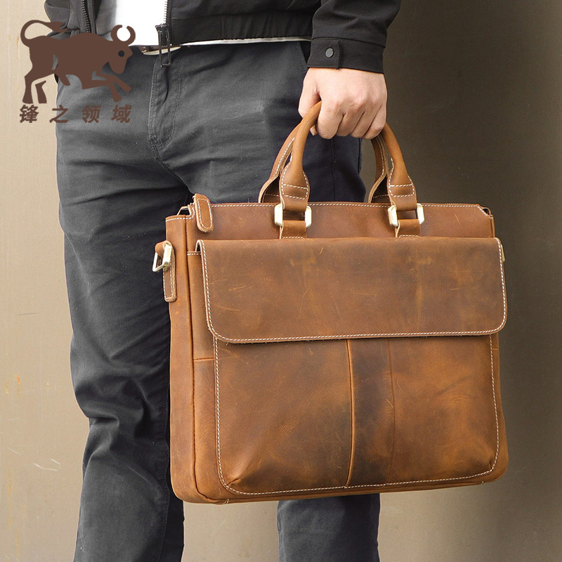 Genuine Leather Handbag Headlining Cow Leather Business Bag Men Retro Simple Shoulder Diagonal Satchel Crosswalk Crazy Mapi Briefcase