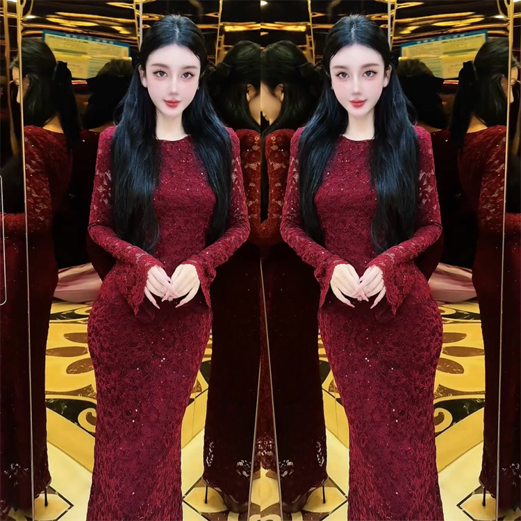 2026 Autumn Tiktok Hot Item: Red Lace Dress with Long Sleeves, Slim Fit, Waist-Cinching, High-End Elegant Style 2026 Autumn Tiktok Hot Item: Red Lace Dress with Long Sleeves, Slim Fit, Waist-Cinching, High-End Elegant Style