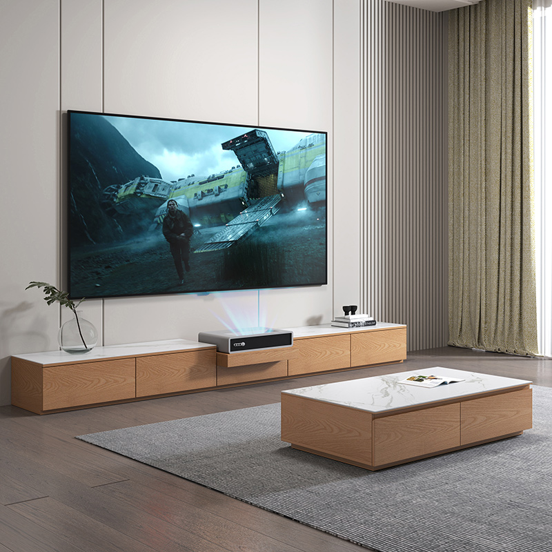Solid wood slab smart TV cabinet modern minimal log wind laser cabinet film and television cabinet electric scaling projector