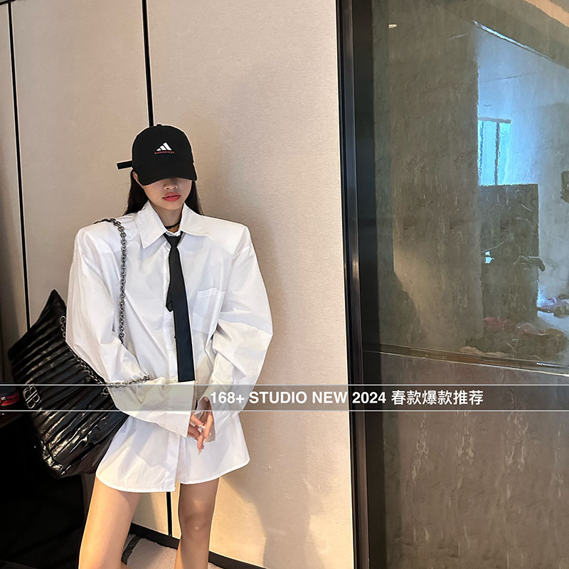 White Shirt for Women, Oversized 2026 New Style, Full Cotton, Mid-Length, Loose Fit, Tie, Plus Size, White Shirt with Shoulder Pads