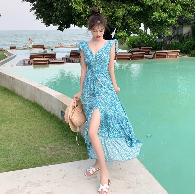 Thai Bali Beach Skirt Seaside Resort Fairy woman Long dress Slim Shade with little fresher and beautiful Back Dress