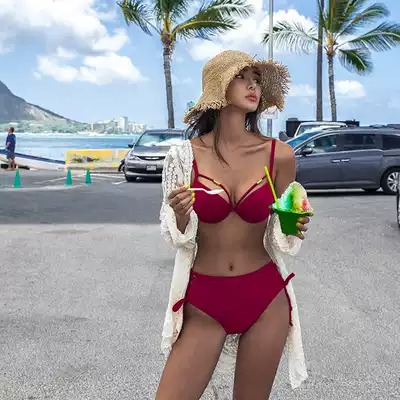 bikini swimsuit women's black red small breasts gather sexy three-point bikini three-piece catwalk swimsuit