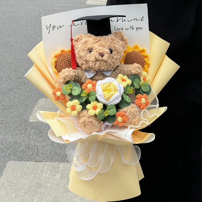 クリエイティブな高校入試シミュレーションひまわりバラの花束かわいい人形クマ人形花を持つ子供の卒業ギフト