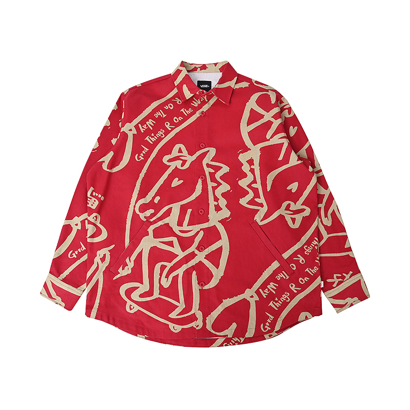 Vans New Men's Sports Casual Jacket with Lapel Collar, Red Versatile Trendy Shirt Vn000X2V14A