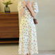 Korean chic summer French simple square collar exposed collarbone waist was thin puff sleeves floral dress long skirt women